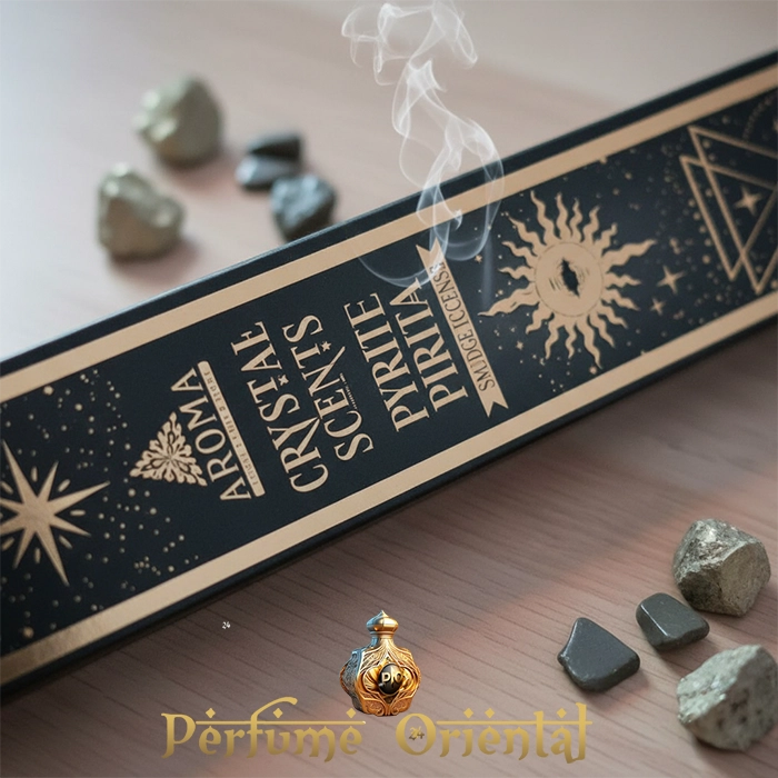 Caja de incienso AROMA Crystal Pirita – Incluye piedra natural y varillas hechas a mano en India.