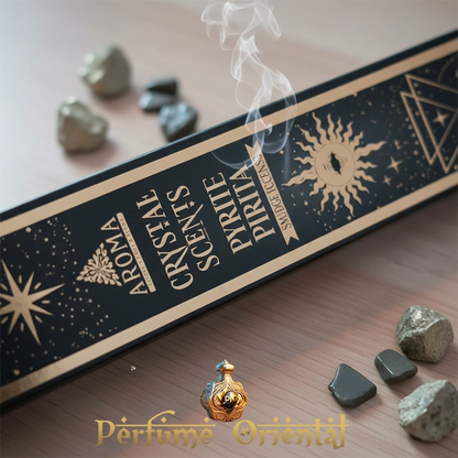 Caja de incienso AROMA Crystal Pirita – Incluye piedra natural y varillas hechas a mano en India.