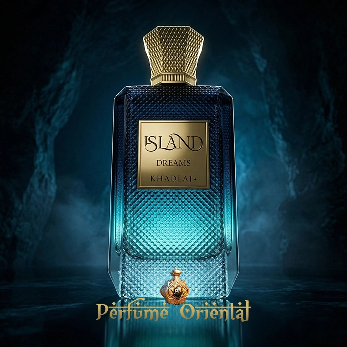 Island Dreams Khadlaj perfume árabe en imagen de campaña de lujo – fragancia cítrica fresca con estética modernal