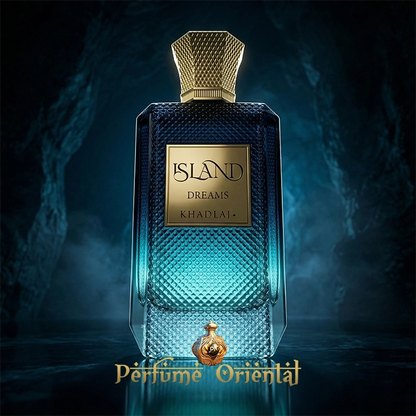 Island Dreams Khadlaj perfume árabe en imagen de campaña de lujo – fragancia cítrica fresca con estética modernal