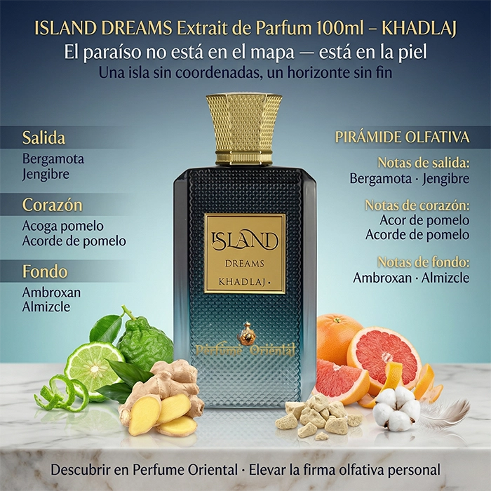 Perfume árabe Island Dreams con notas de bergamota, jengibre, pomelo y ambroxan – fragancia fresca limpia moderna