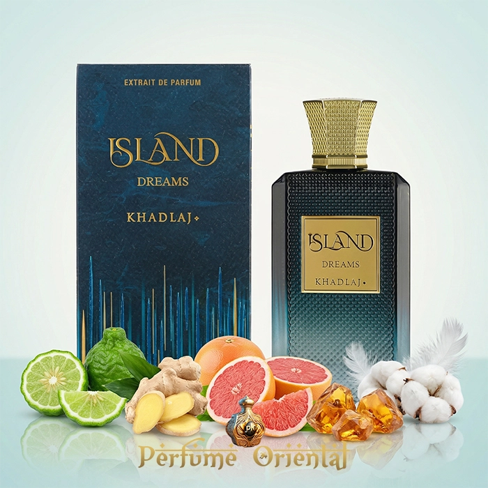 Perfume árabe Island Dreams Khadlaj 100 ml con caja original – fragancia fresca cítrica con pomelo, jengibre y almizcle