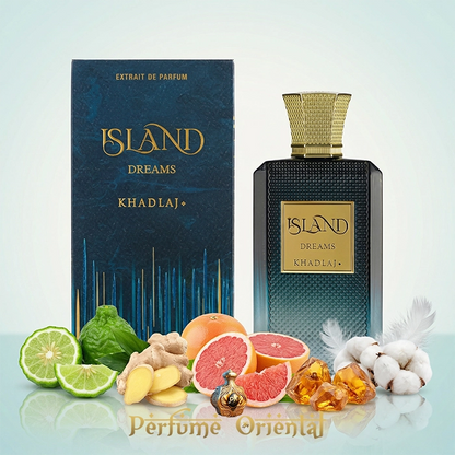 Perfume árabe Island Dreams Khadlaj 100 ml con caja original – fragancia fresca cítrica con pomelo, jengibre y almizcle