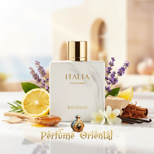 RAYHAAN ITALIA 100ml EDP, perfume árabe masculino aromático con lavanda, limón, miel, canela, jazmín y hoja de tabaco, fragancia inspirada en Naxos, exclusiva de Perfume Oriental.