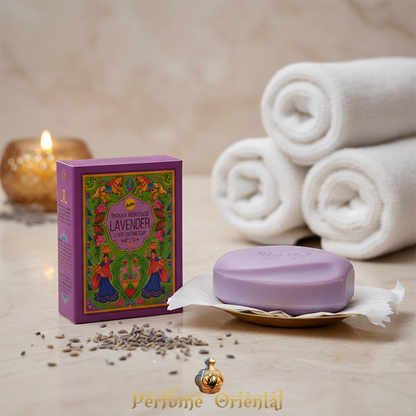 Jabón Sree Vani Indian Heritage Lavender – Aroma floral calmante para piel suave e hidratada.