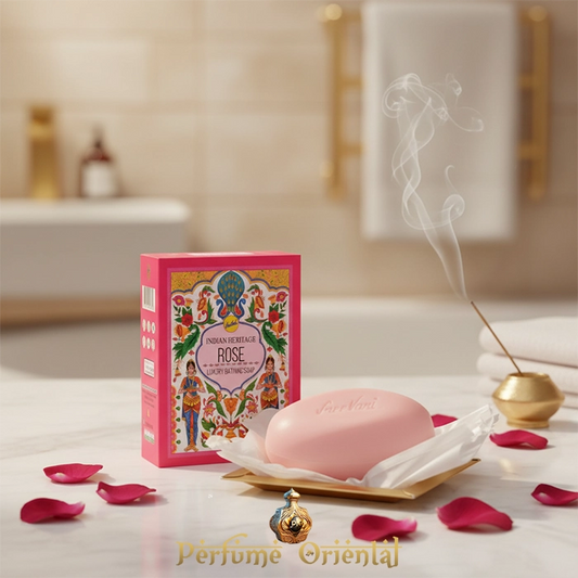 Jabón Sree Vani Indian Heritage Rose – Limpieza suave y aroma romántico inspirado en la tradición india.