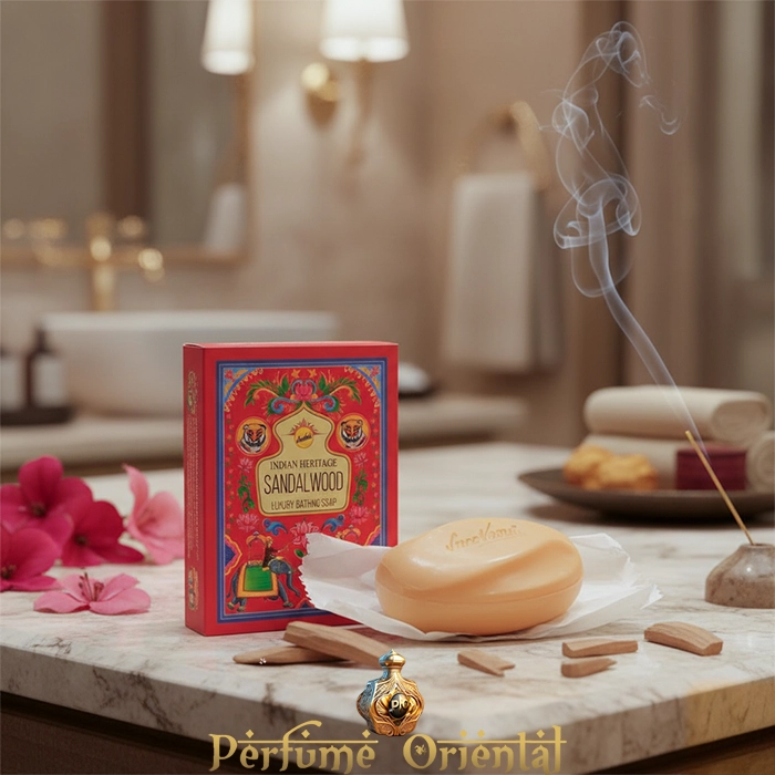 Jabón Sree Vani Indian Heritage – Fragancia cálida y amaderada de sándalo, ideal para el cuidado diario de la piel.