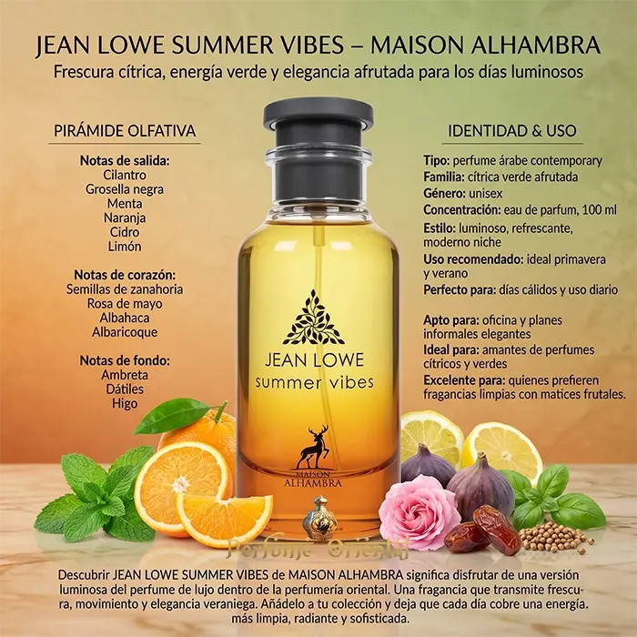 Jean Lowe Summer Vibes Notas Coriandro Grosella Negra Menta Naranja Citron Limon Albaricoque Higo Perfume Fresco