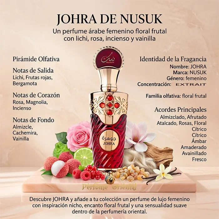 Johra Notas Lichi Frutas Rojas Bergamota Rosa Magnolia Incienso Vainilla Perfume Femenino Floral Frutal Dulce