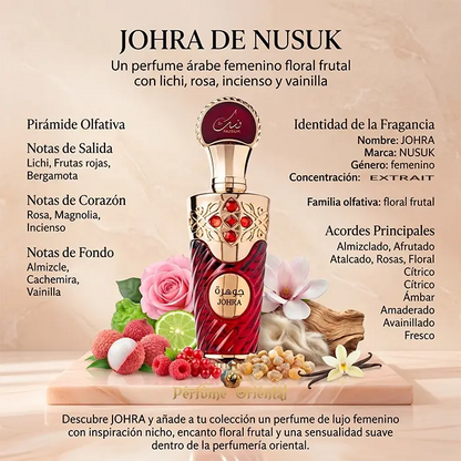 Johra Notas Lichi Frutas Rojas Bergamota Rosa Magnolia Incienso Vainilla Perfume Femenino Floral Frutal Dulce