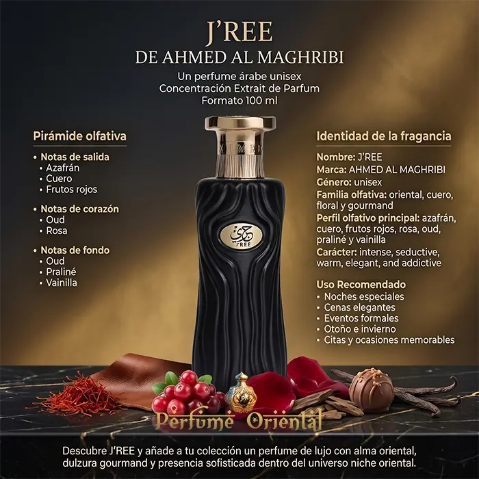 JRee Notas Azafran Cuero Frutos Rojos Oud Rosa Praline Vainilla Perfume Oriental Gourmand Intenso