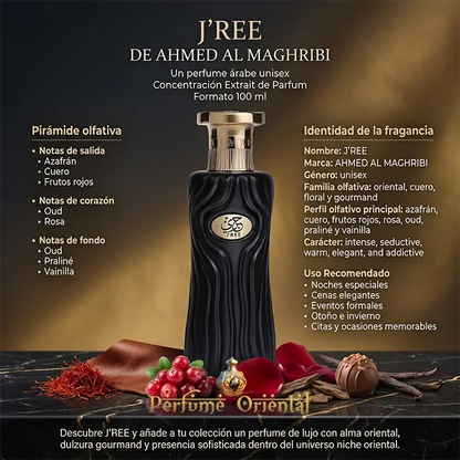 JRee Notas Azafran Cuero Frutos Rojos Oud Rosa Praline Vainilla Perfume Oriental Gourmand Intenso