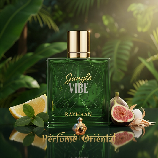 RAYHAAN JUNGLE VIBE 100ml EDP, perfume árabe verde y fresco con bergamota, pomelo, higo, hoja de violeta, sándalo y almizcle blanco, fragancia natural y vibrante exclusiva de Perfume Oriental.