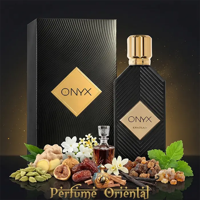 Onyx Khadlaj 100ml Eau de Parfum perfume árabe con caja original – notas de cardamomo, higo, dátiles, flores blancas y resinas