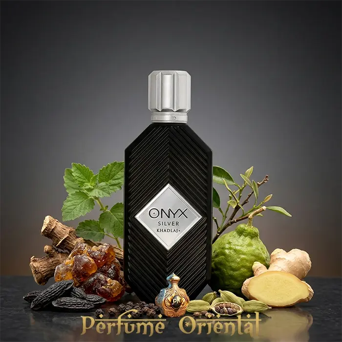 Perfume árabe Onyx Silver Khadlaj EDP 100ml – fragancia ambarada especiada con jengibre, cardamomo y lima