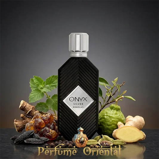 Perfume árabe Onyx Silver Khadlaj EDP 100ml – fragancia ambarada especiada con jengibre, cardamomo y lima
