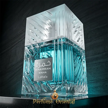Khamrah Waha Lattafa Perfume Botella Hero Shot Diseño Azul Cristal Aroma Aromático Acuático Con Sal Marina