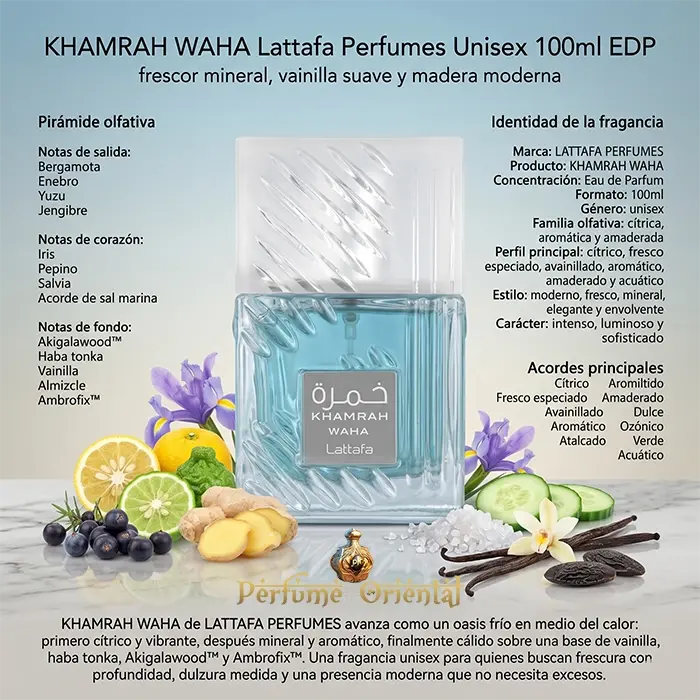 Khamrah Waha Lattafa Perfume Árabe Unisex Aroma Fresco Mineral Con Bergamota Pepino Y Maderas Suaves