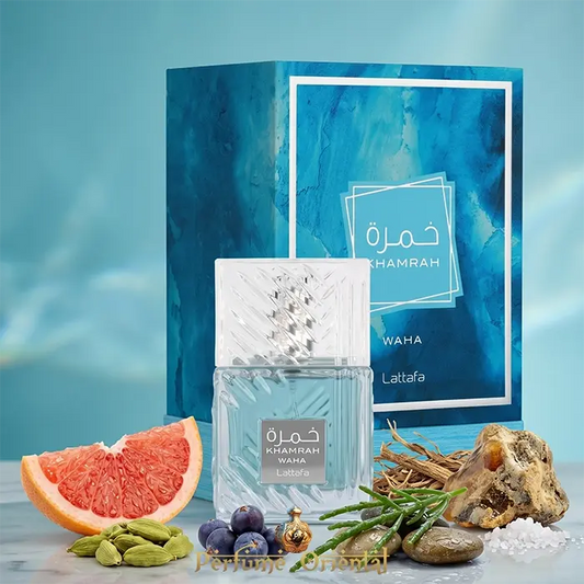 Khamrah Waha Lattafa Perfume Con Caja Presentación Completa Fragancia Unisex Moderna Con Yuzu Iris Y Almizcle