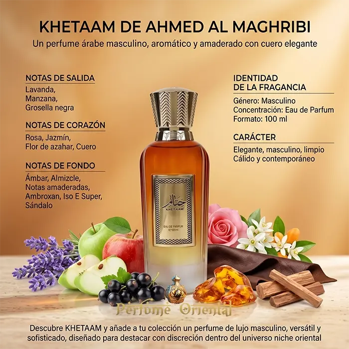 Khetaam Notas Lavanda Manzana Grosella Cuero Amber Sandalo Perfume Oriental Masculino Amaderado