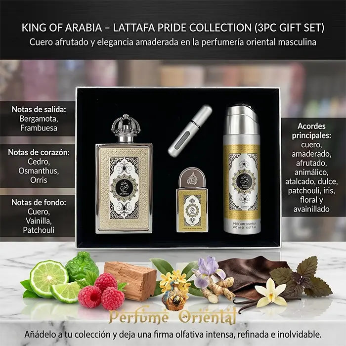 King Of Arabia Lattafa Notas Bergamota Frambuesa Cuero Cedro Orris Vainilla Patchouli Perfume Amaderado Cuero