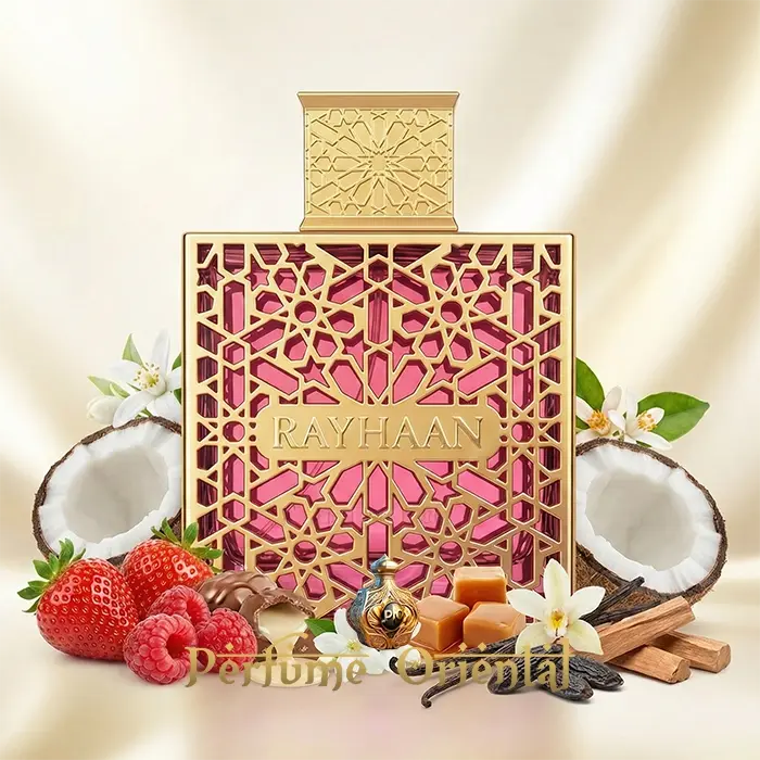 Kiss Rayhaan perfume árabe femenino frasco con coco fresa caramelo vainilla fragancia dulce Rayhaan Perfumes