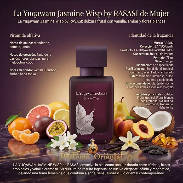 La Yuqawam Jasmine Wisp Notas Mandarina Pomelo Limon Fruta Pasion Flores Blancas Coco Vainilla Ambar Perfume Oriental Femenino
