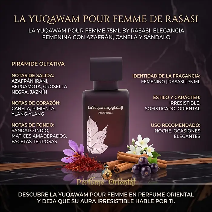 La Yuqawam Pour Femme Notas Azafran Bergamota Grosella Jazmin Canela Pimienta Ylang Sandalo Perfume Oriental Femenino