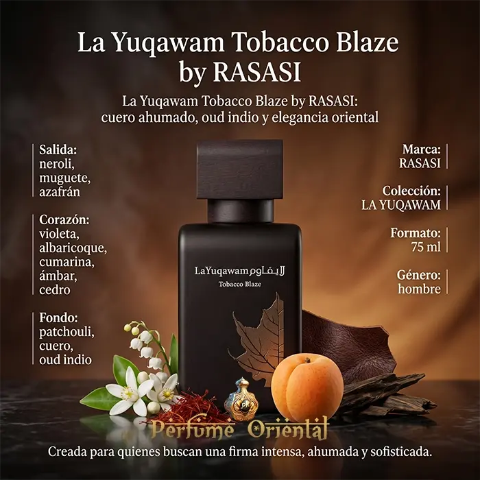La Yuqawam Tobacco Blaze Notas Neroli Azafran Violeta Albaricoque Cumarina Ambar Cuero Oud Patchouli Perfume Oriental Masculino
