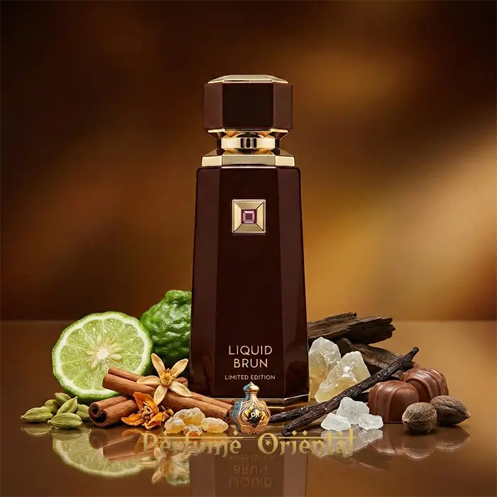 Perfume árabe Liquid Brun Limited Edition 150ml French Avenue frasco marrón con notas orientales y especiadas