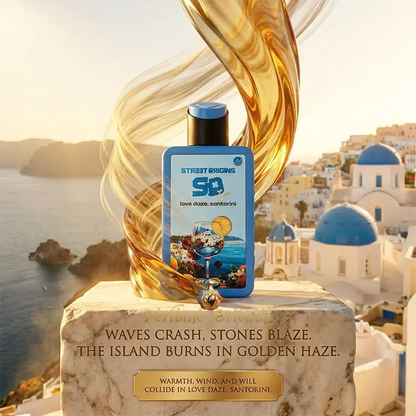 Perfume Love Daze Santorini Street Origins 75ml Extrait Fragrance World con paisaje de Santorini al atardecer