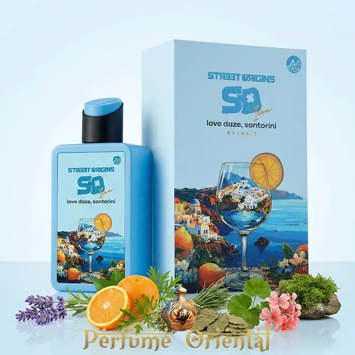 Love Daze Santorini Street Origins 75ml Extrait Fragrance World con caja original y notas cítricas mediterráneas
