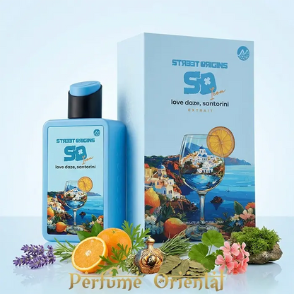 Love Daze Santorini Street Origins 75ml Extrait Fragrance World con caja original y notas cítricas mediterráneas