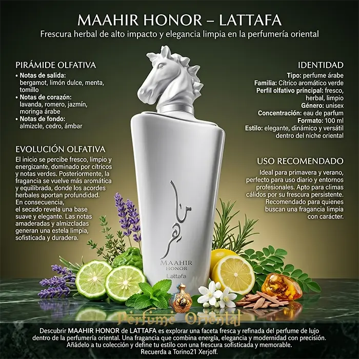 Maahir Honor Lattafa Notas Bergamota Limon Menta Lavanda Romero Jazmin Almizcle Cedro Perfume Fresco Aromatico Verde