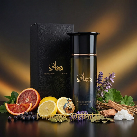 Ma’ani perfume Ahmed Al Maghribi con caja y notas cítricas sangre naranja limón lavanda y madera