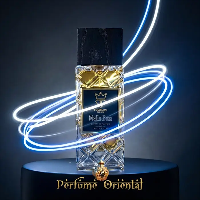 Perfume árabe Mafia Boss Extrait 100ml Bujairami frasco con iluminación moderna y estilo urbano