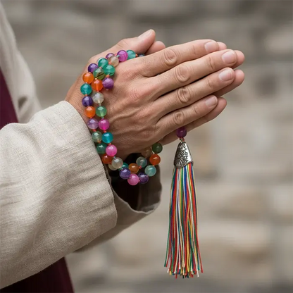 Colorful  natural agate beaded bracelet with a tassel worn by a person, blurred background