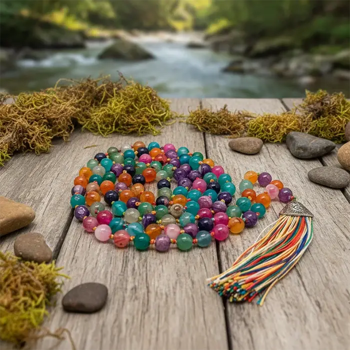 Colorful  agate beaded necklace with tassel on a wooden surface near a stream 
