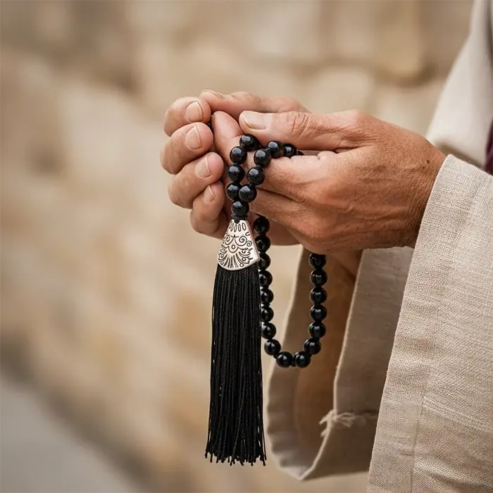 Hand holding a black beaded rosary with a tassel against a blurred background