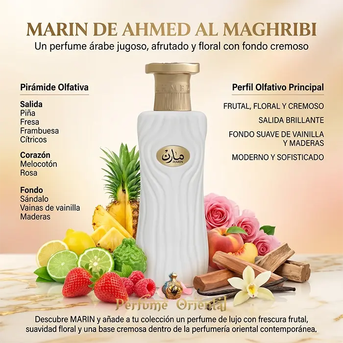 Marin Ahmed Al Maghribi Notas Piña Fresa Frambuesa Melocoton Rosa Vainilla Sandalo Perfume Oriental Cremoso