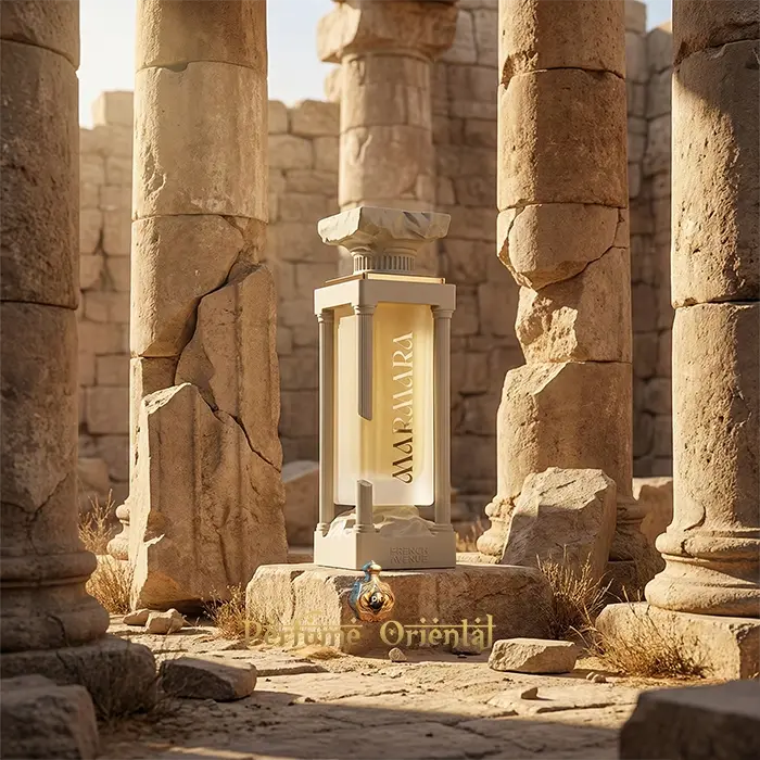 Marmara French Avenue Extrait de Parfum 100ml luxury niche perfume bottle among ancient ruins dramatic product photography