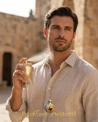 Marmara French Avenue Extrait de Parfum 100ml luxury Arabic fragrance lifestyle shot man spraying perfume outdoors