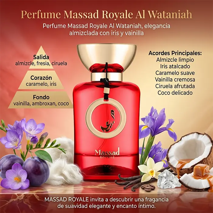 Massad Royale Notas Iris Caramelo Vainilla Coco Almizcle Perfume Dulce Cremoso Floral Afutado Elegante
