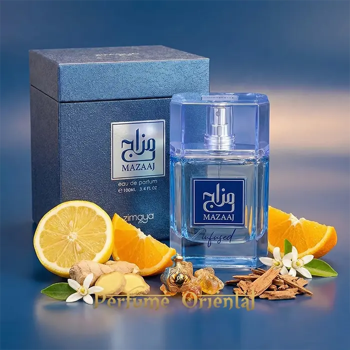 Mazaaj Infused Eau de Parfum 100ml Zimaya bottle with box citrus ginger woody notes