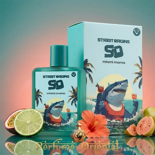Perfume árabe Miami Mama Street Origins 75ml de Fragrance World – fragancia tropical frutal fresca con lima y frutas exóticas