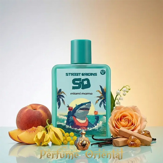 Perfume árabe Miami Mama Street Origins 75ml – fragancia frutal tropical con melocotón, flores y vainilla
