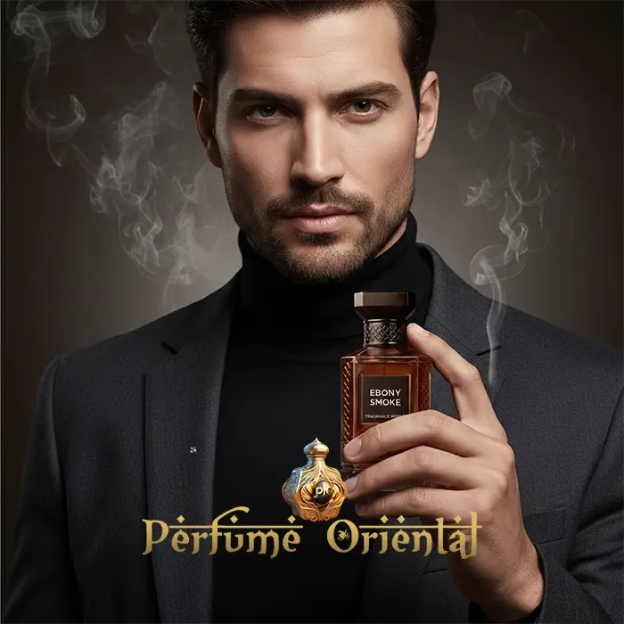 Hombre sosteniendo Ebony Smoke de Fragrance World, perfume oriental ahumado con incienso, palo santo, cuero y maderas oscuras, fragancia unisex de lujo