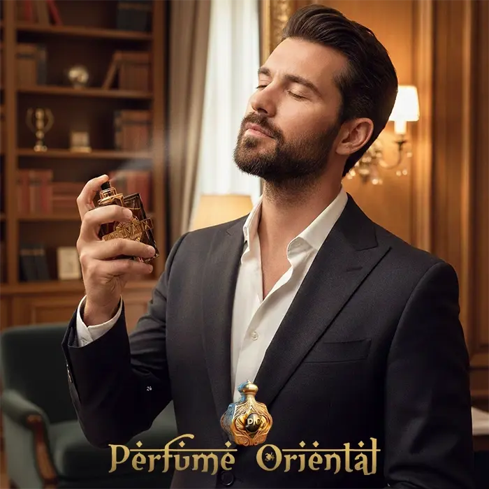 Hombre aplicando Naughty Dates Aromatix x French Avenue, perfume oriental gourmand con dátiles, café, miel, vainilla y ámbar, fragancia de lujo árabe