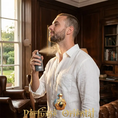 Hombre aplicando Nomad French Avenue Extract de Parfum perfume oriental masculino con perfil cítrico, especiado, marino y ambarado