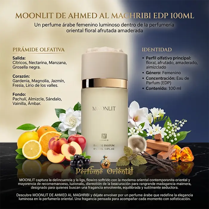 moonlit ahmed al maghribi perfume arabe notas citricos nectarina manzana grosella jazmin gardenia vainilla sandalo ambar